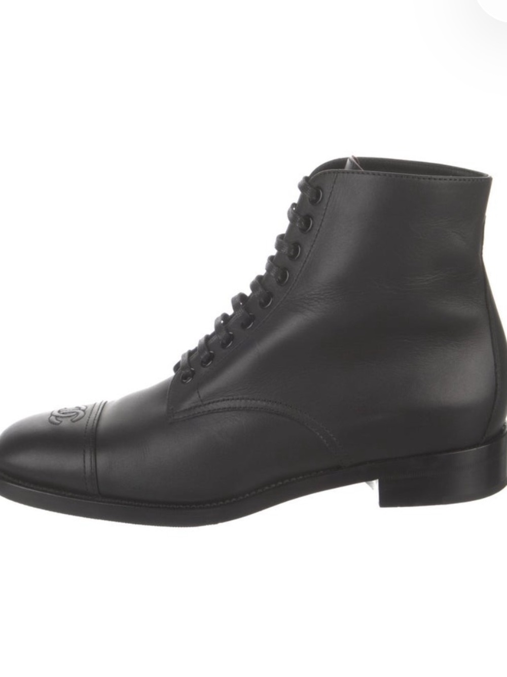 CHANEL Black Interlocking CC Leather Lace-Up Boots